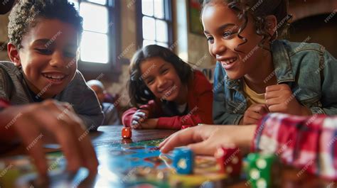 Premium Photo | Three happy children are playing a board game together ...