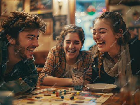 Friends Laughing While Playing Board Game In Bar | Premium AI-generated ...