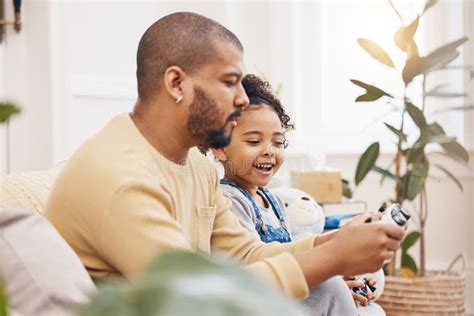 Video Game, Controller and Father with Girl on Sofa for Playing, Bond ...