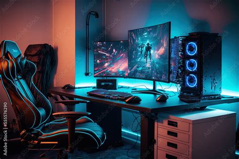A general view of a professional gamer&#039;s home office showing their PC ...
