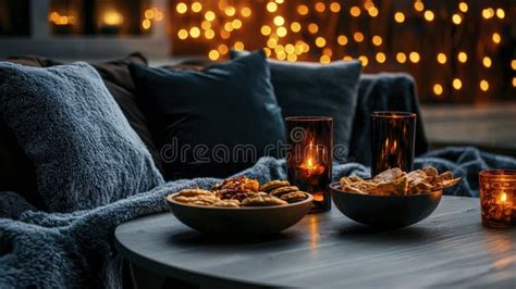 Cozy Movie Night Setup with Snacks on a Couch Home Lifestyle Image ...