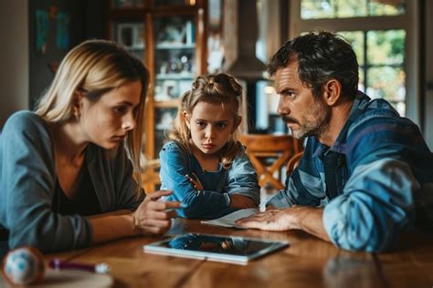 Parents discussing screen time limits with child tablet on table ...