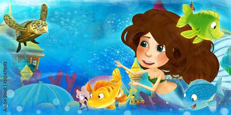 Cartoon ocean and the mermaid in underwater kingdom swimming with ...