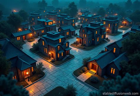 a top down view without perspective depicts a cozy night city with a ...