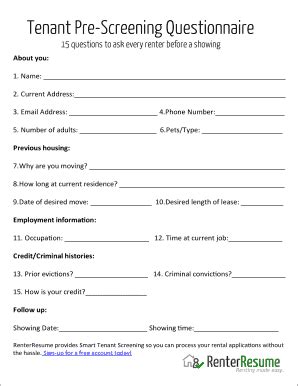 Tenant Pre Screening Form - Fill and Sign Printable Template Online
