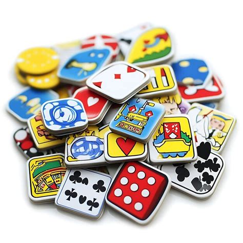 Colorful game pieces for board games and dice isolated on white ...