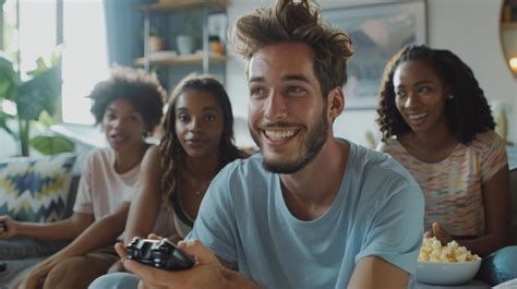 A group of young adults are sitting on a couch enjoying themselves ...