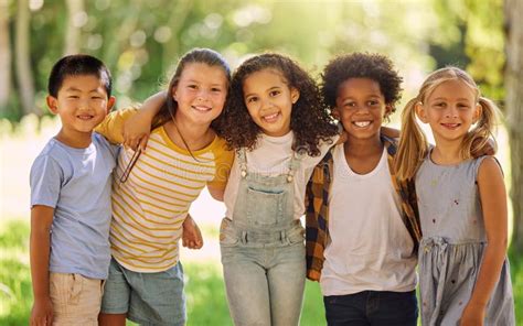 Portrait, Friends and Children Standing in a Line Together Outdoor ...