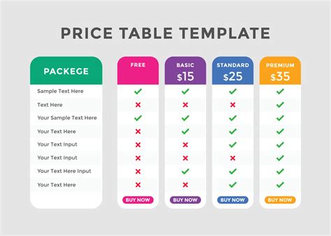 Product price table template. Subscription Package Pricing Comparison ...