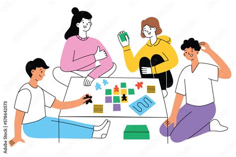 Family playing board game hand drawn composition, Adults and children ...