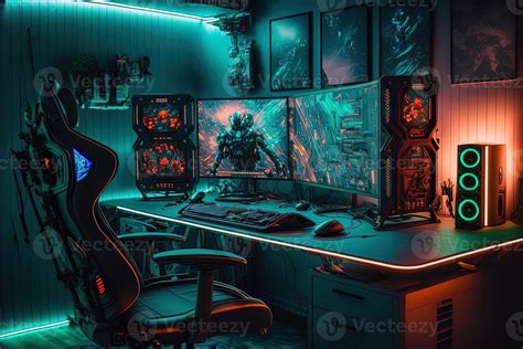 Spectacular gaming room interior, gaming pc, gaming desk, game setup ...