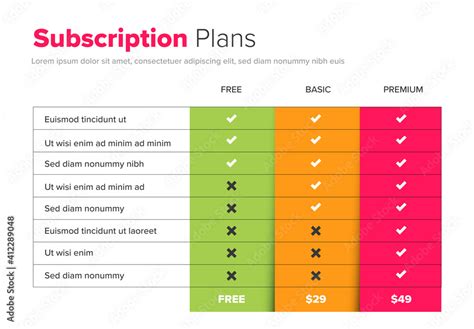 Subscription Plan Table Layout with Bright Elements Stock Template ...