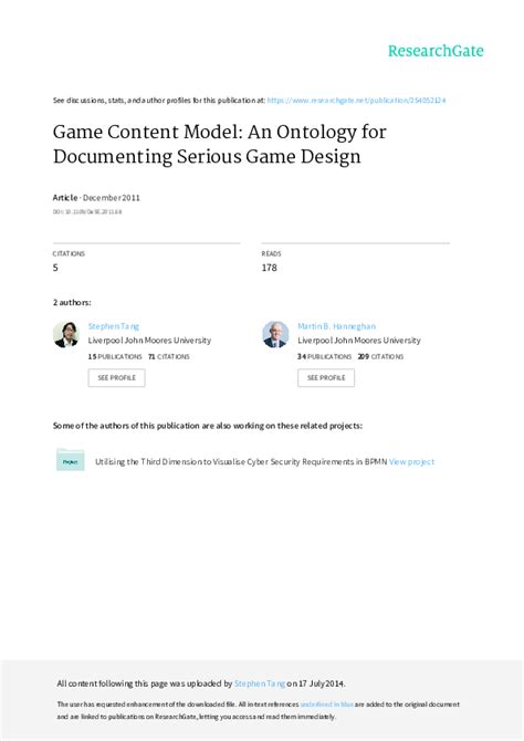 (PDF) Game Content Model: An Ontology for Documenting Serious Game Design