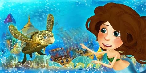 Cartoon Ocean Scene and the Mermaid Princess in Underwater Kingdom ...
