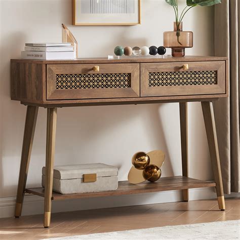 Buy JYED Mid Century Modern Console Table,Boho Wood Sofa Table with 2 ...