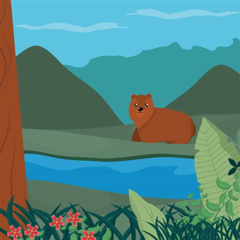 60+ Cartoon Funny Animals In Beautiful River In Forest Stock ...