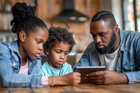 Parents discussing screen time limits with child tablet on table ...