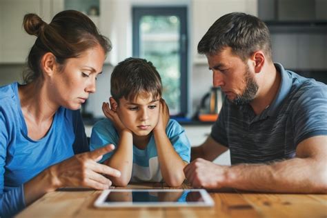 Parents discussing screen time limits with child tablet on table ...