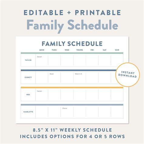 Editable Family Schedule, Printable Weekly Planner, Customizable PDF ...