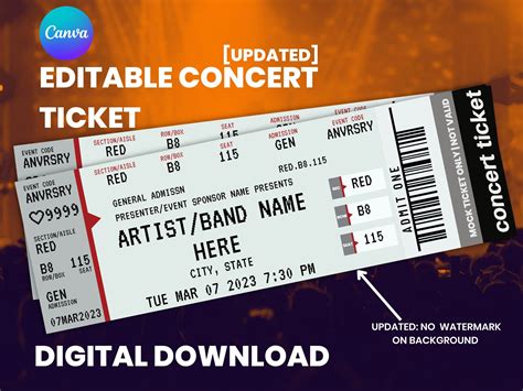 Concert Ticket Template Gift Certificate Personalized Event - Etsy Canada