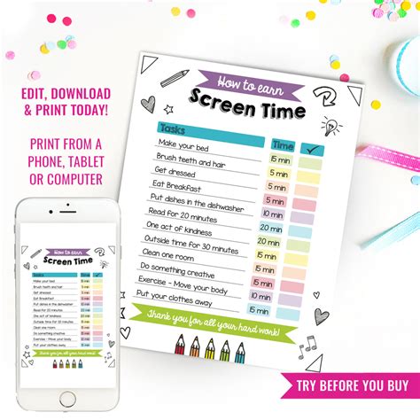 Screen Time Chart Checklist | Editable Printable Screen Time Chore Cha ...