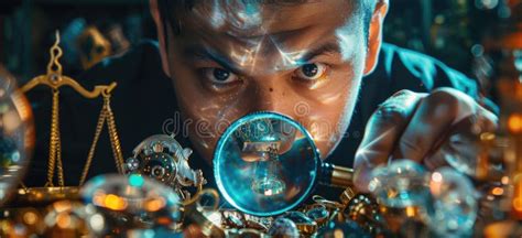 The Image Shows a Man Looking at a Gem through a Magnifying Glass. he ...