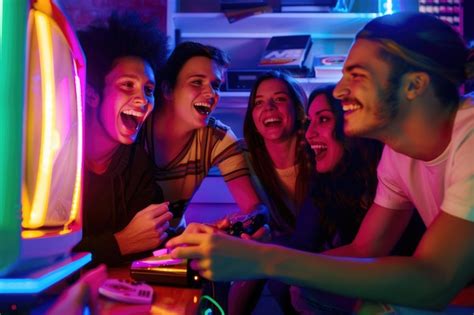 Premium Photo | A group of friends playing video games on a retro ...