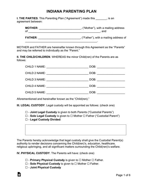 Free Indiana Custody (Parenting) Plan - PDF | Word – eForms