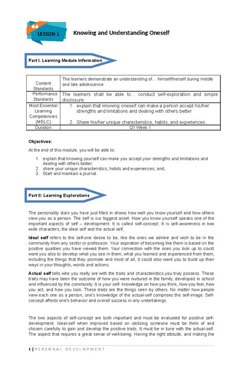 Lesson 1-Knowing and Understanding Oneself - Knowing and Understanding ...