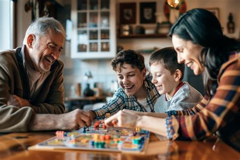 A family consisting of parents and children playing a board game ...
