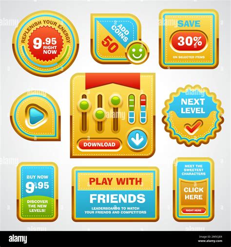 Game user interface elements buttons, progress bar, icons and fields ...