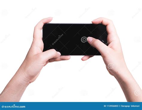 Female Hand Holding Mobile Smartphone Play Game Gamer Blank Black ...