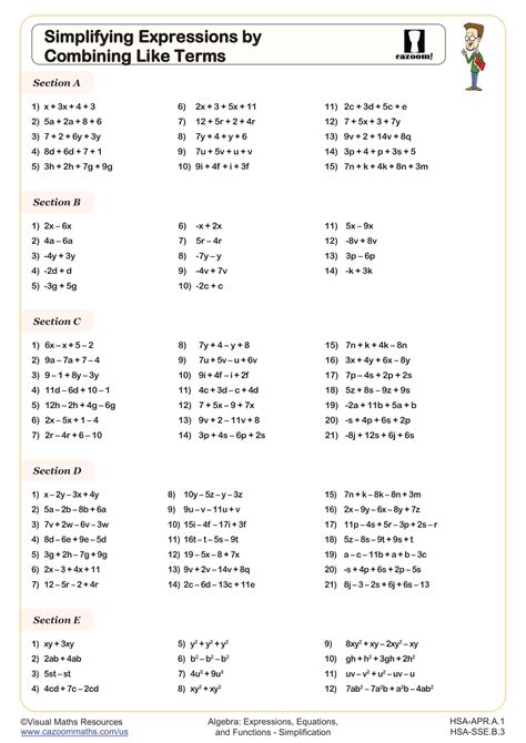Simplifying Expressions by Combining Like Terms Worksheet | Algebra I ...
