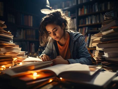 Premium AI Image | A Girl Researching With Books Studious and Diligent ...