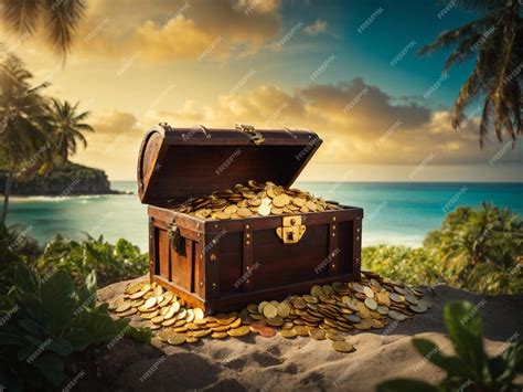 Treasure chest on the island background The treasure chest is full of ...