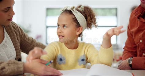 Girl, Child and Parents or Talking with Learning on Kitchen Counter for ...