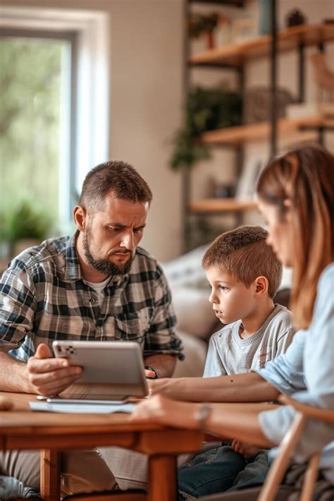 Parents discussing screen time limits with child tablet on table ...