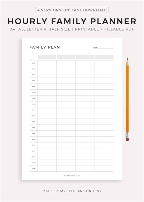 Hourly Family Planner Printable, Family Daily Planner, Family Schedule ...