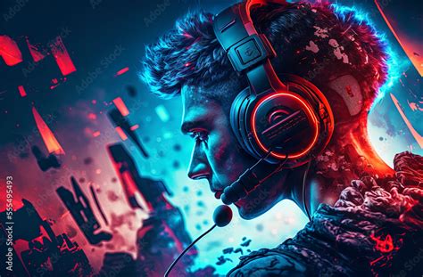 Scene of professional eSports gamer in profile colored with red and ...