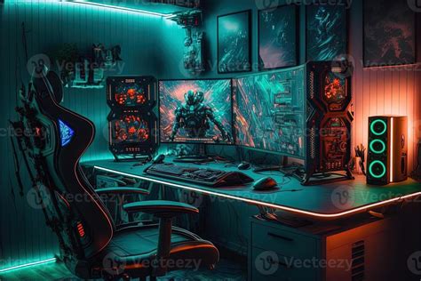 Spectacular gaming room interior, gaming pc, gaming desk, game setup ...