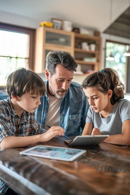 Parents discussing screen time limits with child tablet on table ...
